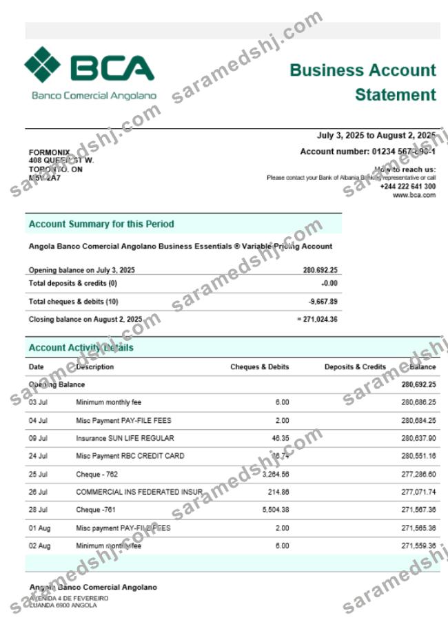 Banco Comercial Angolanno company checking account statement Word and PDF template